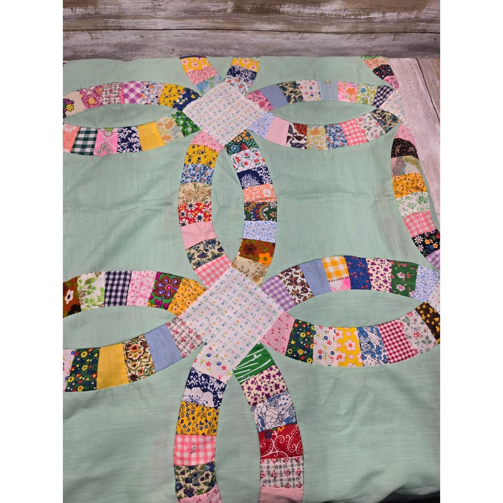 Vintage Double Wedding Ring Quilt Top Mint Green Multi Scrap Patchwork 55x93 - Picture 2 of 9
